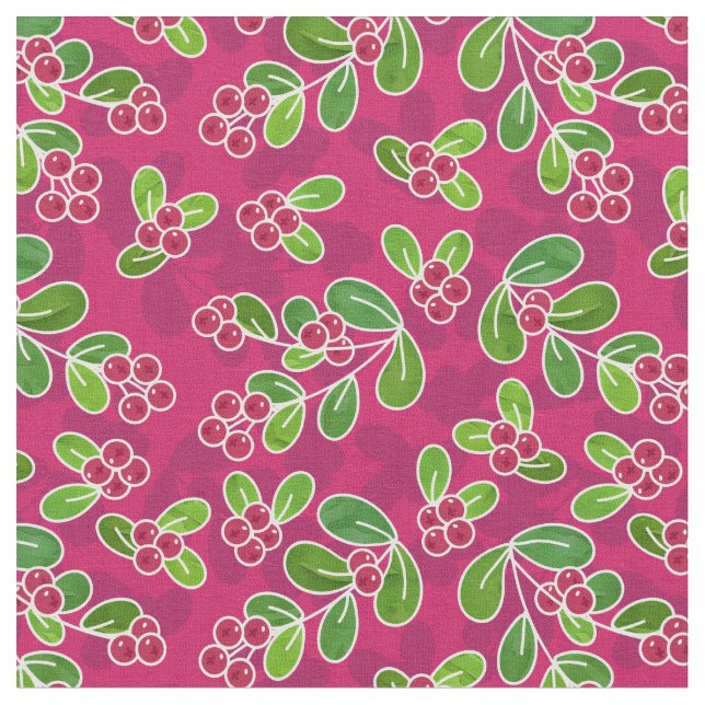 Festive Cranberry Foliage Mönster, Fuchsia Tyg (Närbild)