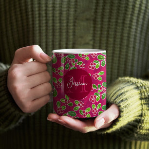Festive Cranberry Foliage Mönster Monogram Kaffemugg