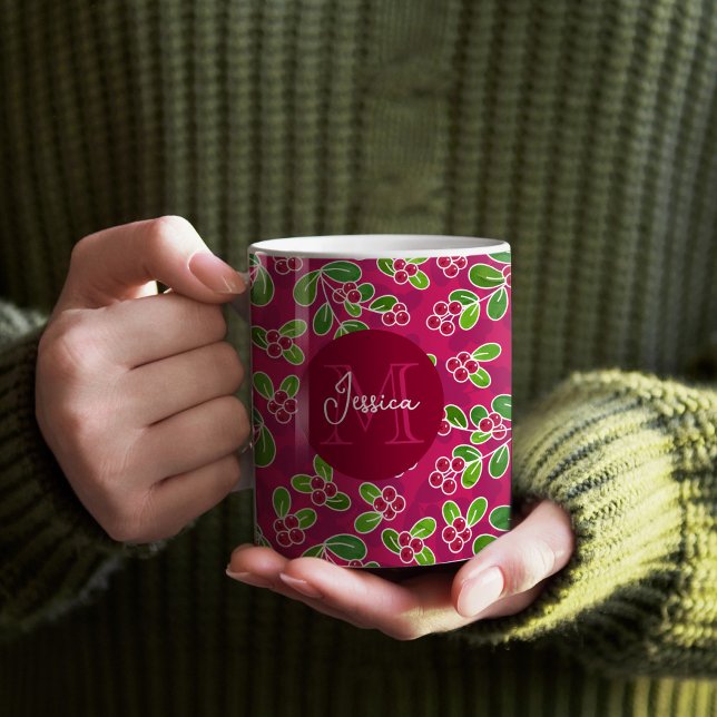 Festive Cranberry Foliage Mönster Monogram Kaffemugg (Fuchsia Festive Cranberry Pattern Monogram Mug)