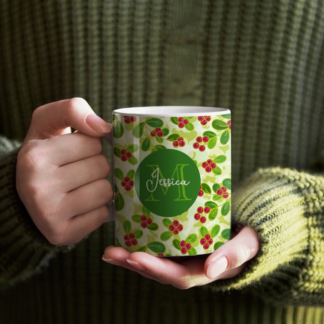Festive Cranberry Fruit Mönster, Grönt Kaffemugg (Festive Cranberry Monogram Mug)