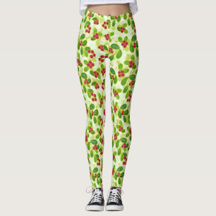Festive Cranberry Fruit Mönster, Grönt Leggings