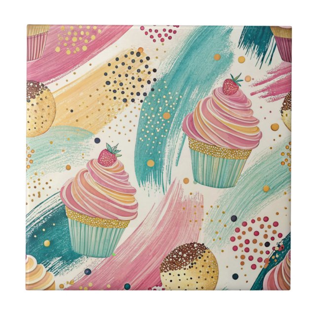 Festive Cupkaka & Brushstroke Firande Mönster Kakelplatta (Framsidan)