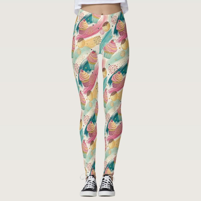 Festive Cupkaka & Brushstroke Firande Mönster Leggings (Framsida)