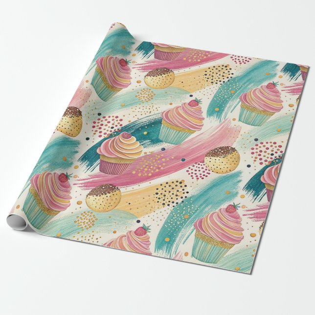 Festive Cupkaka & Brushstroke Firande Mönster Presentpapper (Utrullad)