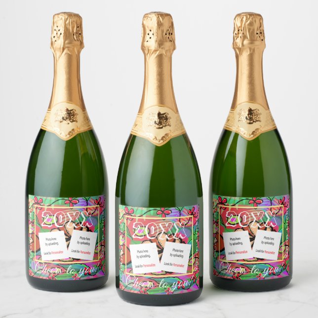 Festive Custom Photo Sparkling Wine Beverage Label (Flaskor)