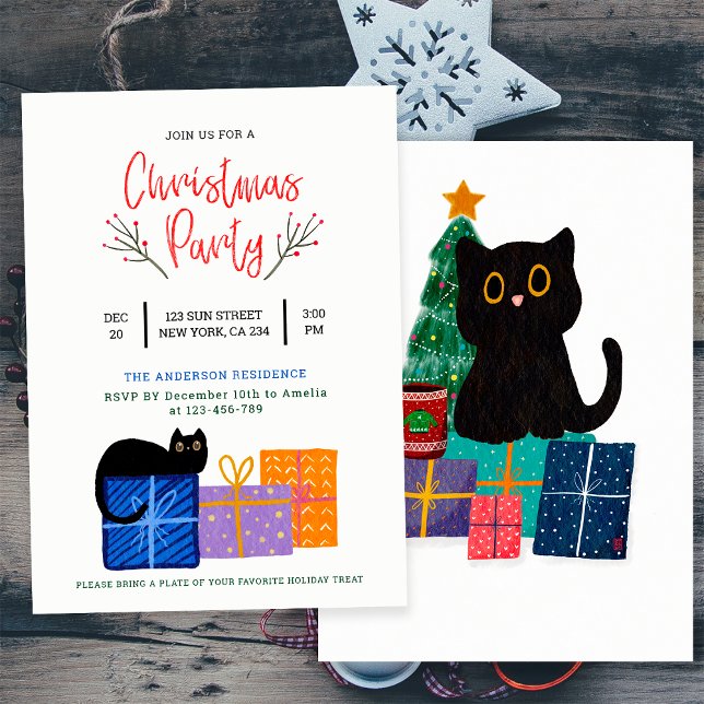 Festive Cute Black Cat-kaffe Art jul Party Inbjudningar (Front and Back)