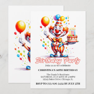 Festive Cute Clown Watercolor Födelsedagsfest Inbjudningar