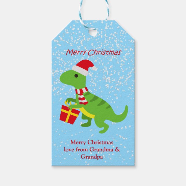 Festive Cute Dinosaur TRex Blue Kids Presentetikett (Framsidan)
