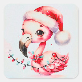 Festive Cute Flamingo Wrapoed i julklapp Ljus Fyrkantigt Klistermärke