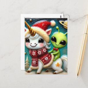 Festive Cute-jul Alien och Unicorn Vykort