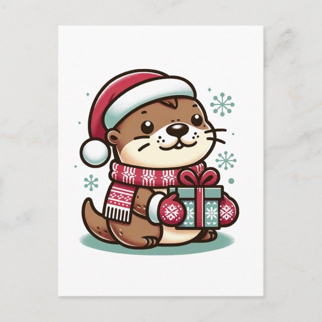 Festive Cute Jul Otter omslagen i Scarf Hat Vykort (Framsida)