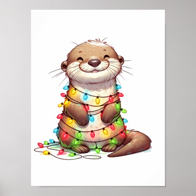 Festive Cute Jul Otter Wrapped in Ljus Poster (Framsidan)