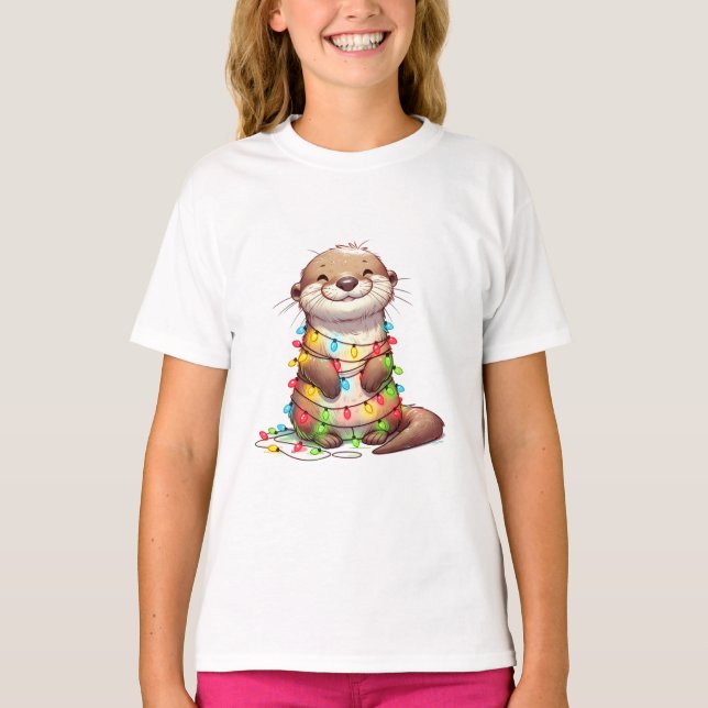 Festive Cute Jul Otter Wrapped in Ljus T Shirt (Framsida)