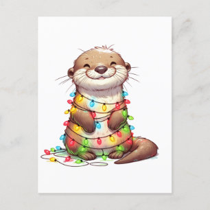 Festive Cute Jul Otter Wrapped in Ljus Vykort