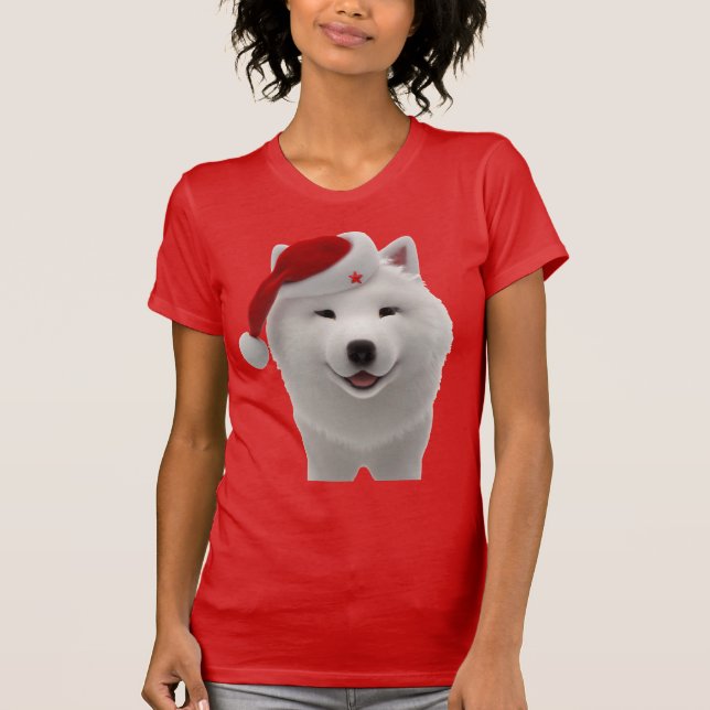 Festive Cute Tecknad Stil Samoyed Hund med Santa T Shirt (Framsida)