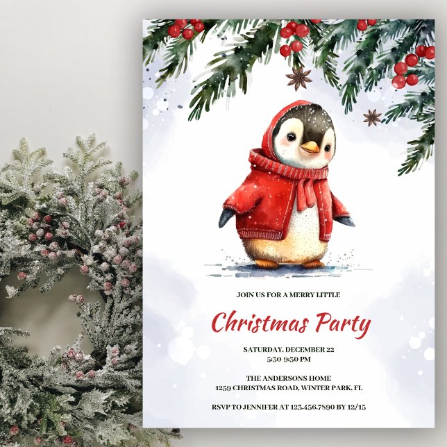 Festive Cute Watercolor Penguin jul Party Inbjudningar (Skapare uppladdad)