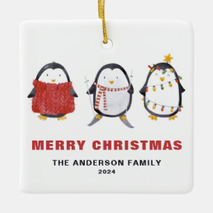 Festive Cute Watercolor Penguins Julfoto Julgransprydnad Keramik