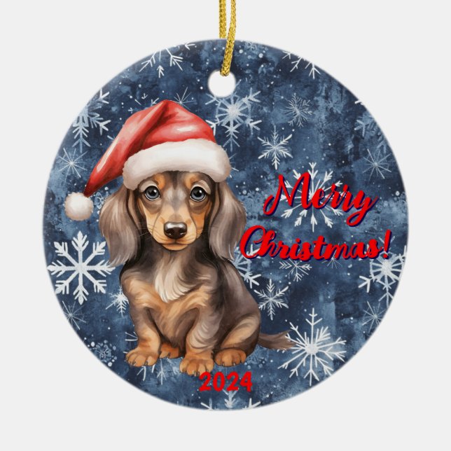 Festive Dachshund Delight: Anpassadets jul Julgransprydnad Keramik (Framsidan)