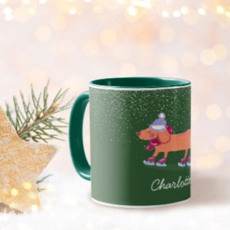 Festive Dachshund Dog Ice Skating Green Name Mug Mugg
