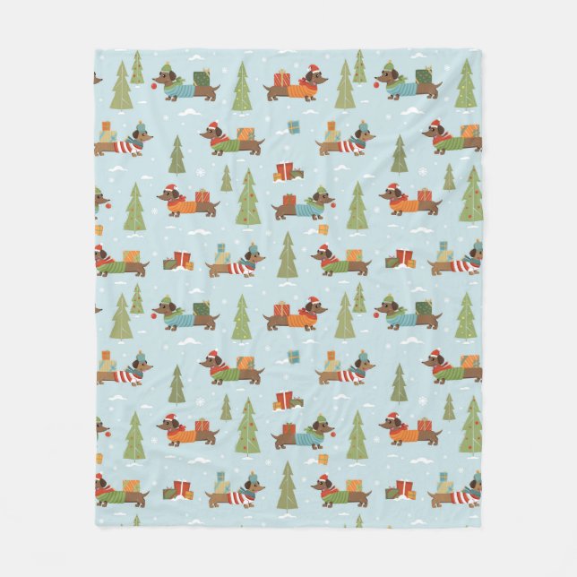 Festive Dachshunds i Snö Mönster Fleecefilt (Framsidan)