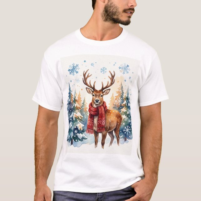 Festive Deer in Snowy Forest T Shirt (Framsida)