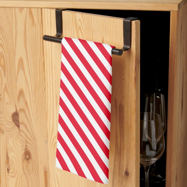 Festive Diagonal White and Red Stripe Kökshandduk (Thirds Fold)