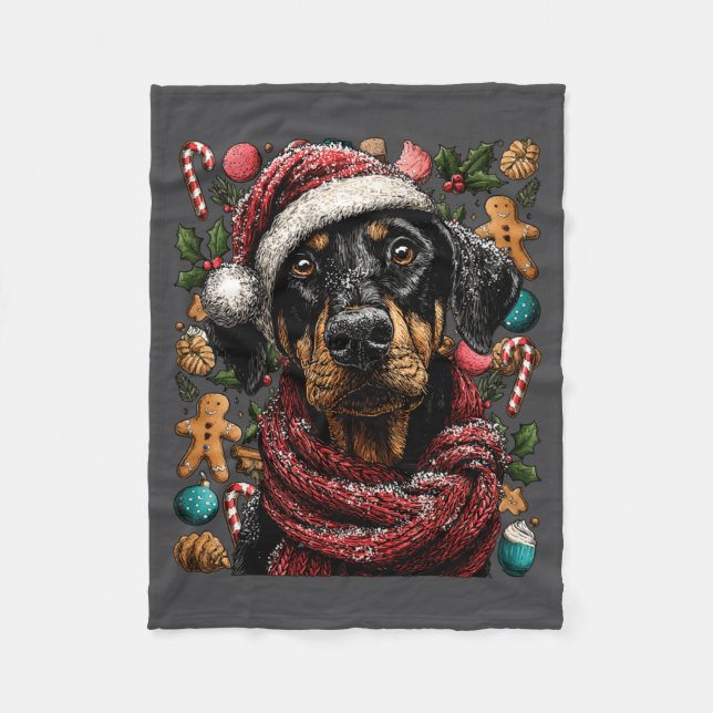 Festive Doberman With Santa Hat Snowy Winter Chris Fleecefilt (Framsidan)