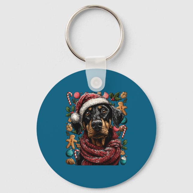 Festive Doberman With Santa Hat Snowy Winter Chris Nyckelring (Framsida)