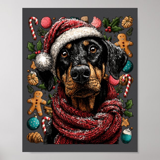 Festive Doberman With Santa Hat Snowy Winter Chris Poster (Framsidan)