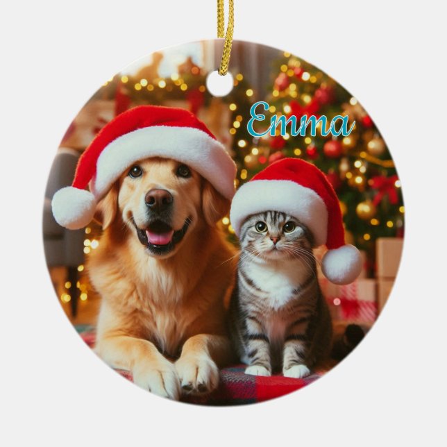 Festive Dog and Cat Christmas Julgransprydnad Keramik (Framsidan)