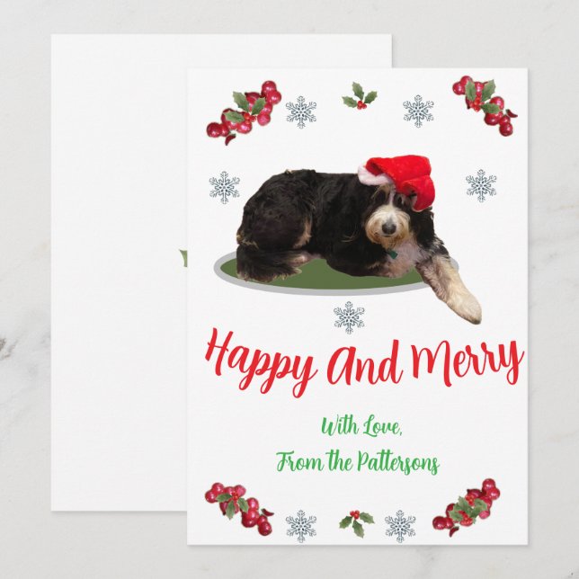 Festive dog wearing a Santa Hat Flat Holiday Card Julkort (Fram/baksida)