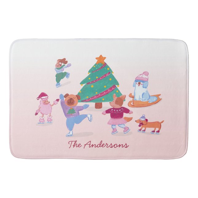 Festive Dogs Ice Skating Baby Pink Christmas Badrumsmatta (Framsidan)