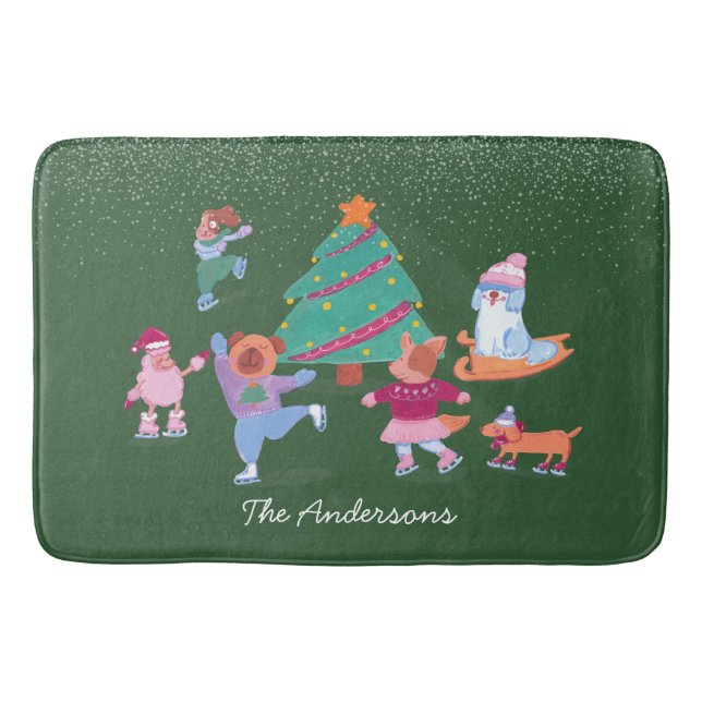 Festive Dogs Ice Skating Green Christmas Badrumsmatta (Framsidan)