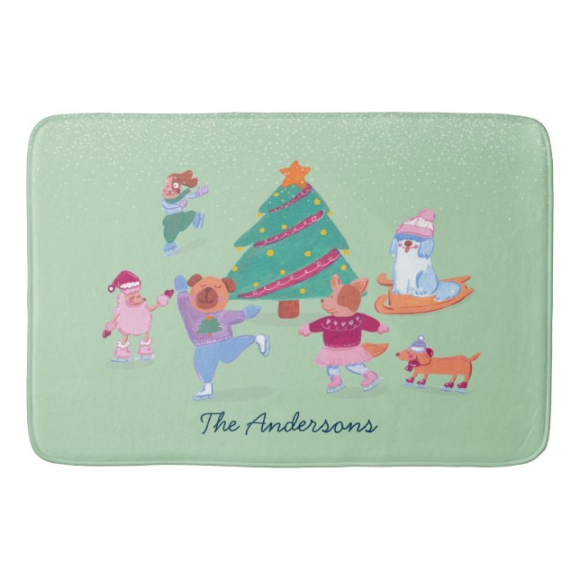 Festive Dogs Ice Skating Light Green Christmas Badrumsmatta (Framsidan)