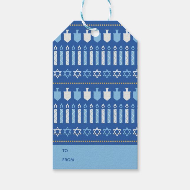 Festive Dreidel Icons Hanukkah Helgdag Blue Guld Presentetikett (Framsidan)