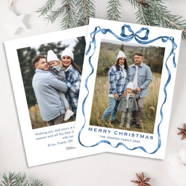 Festive Dusty Blue jul Bow Ribbon 2 Photo Julkort (Skapare uppladdad)