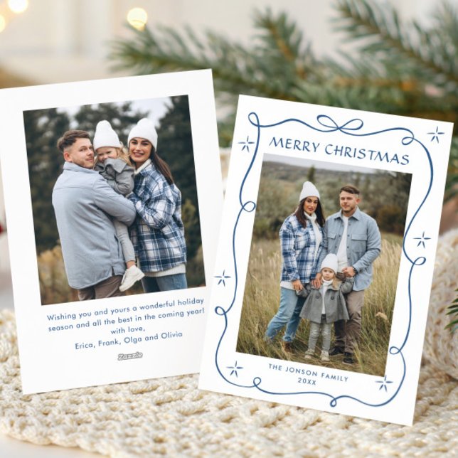 Festive Dusty Blue jul Bow Ribbon 2 Photo Julkort (Skapare uppladdad)