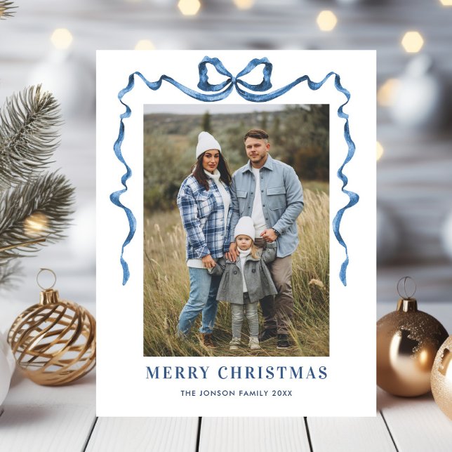 Festive Dusty Blue jul Bow Ribbon 2 Photo Vykort (Skapare uppladdad)