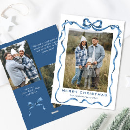 Festive Dusty Blue jul Bow Ribbon 3 Photo Julkort