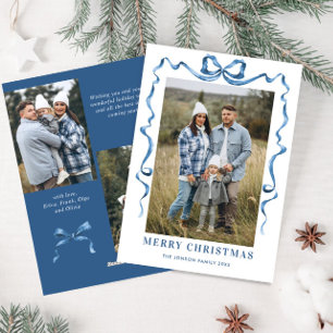 Festive Dusty Blue jul Bow Ribbon 3 Photo Julkort