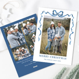 Festive Dusty Blue jul Bow Ribbon 5 Photo Julkort