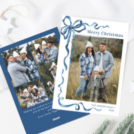 Festive Dusty Blue jul Bow Ribbon 5 Photo Julkort