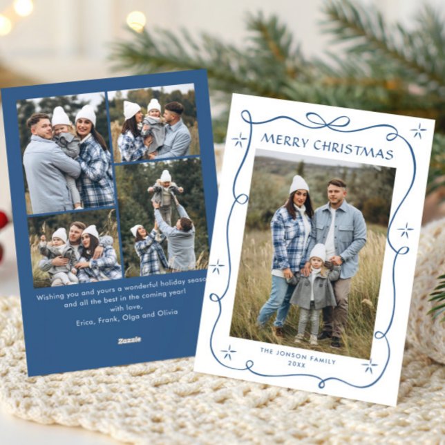 Festive Dusty Blue jul Bow Ribbon 5 Photo Julkort (Skapare uppladdad)