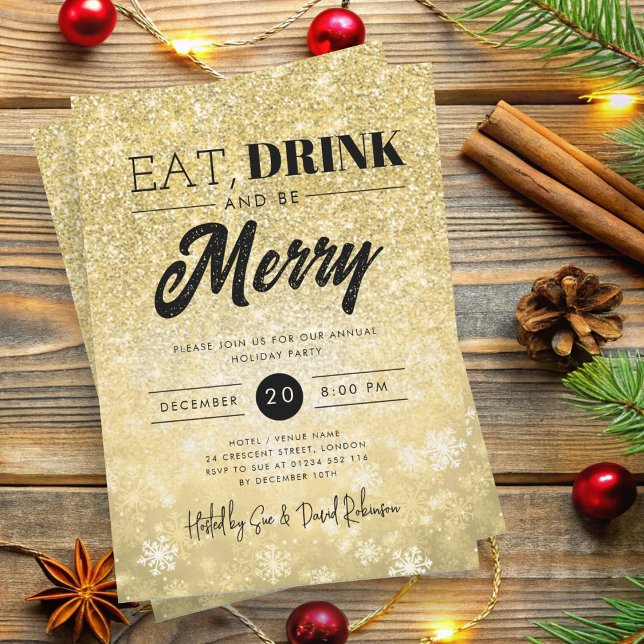 Festive "Eat & Drink" Guld Helgdag jul Party Inbjudningar (Festive "Eat & Drink" Gold Holiday Christmas Party Invitation)