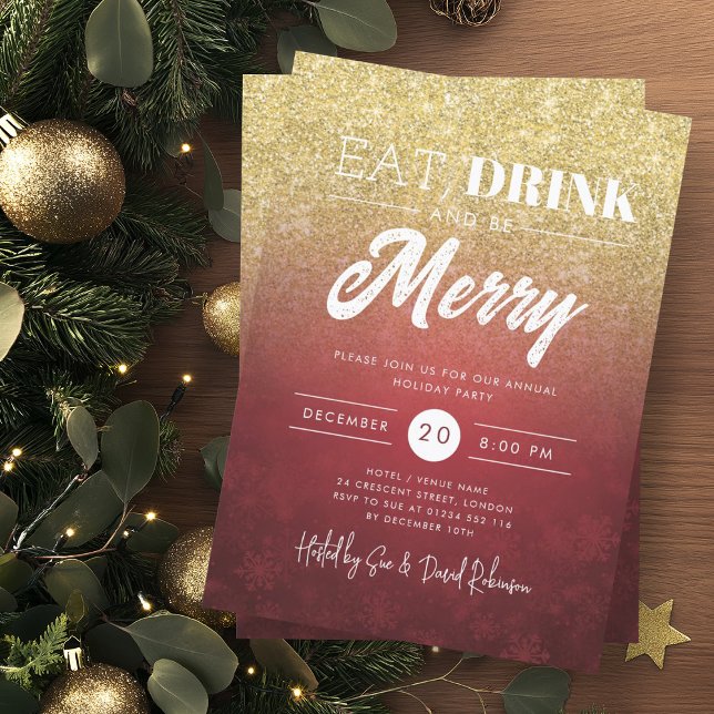 Festive Eat & Drink Guld Red Helgdag jul Inbjudningar (Festive Eat & Drink Gold Red Holiday Christmas Invitation)