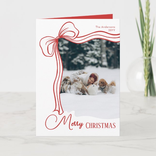 Festive Elegant Hand Drawn Red White Bow Christmas Helgkort (Framsida)
