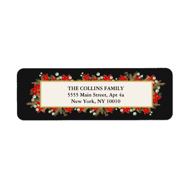 Festive, Elegant Hand plockade Red Poinsettias Returadress Etikett (Framsidan)