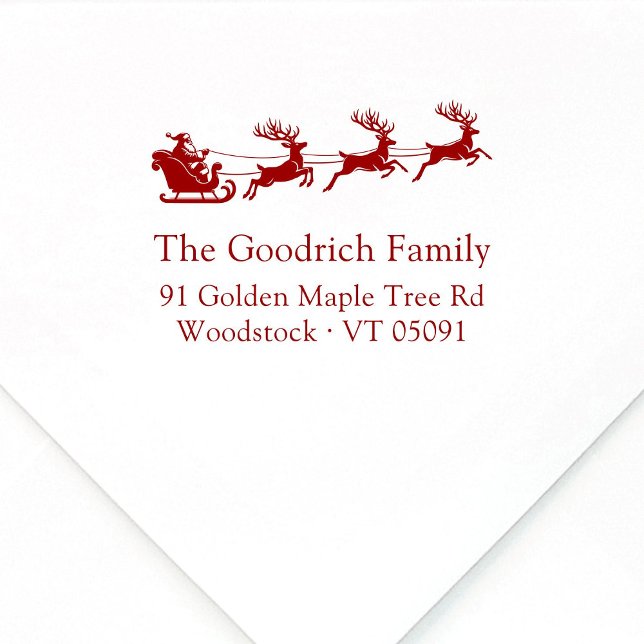 Festive Elegant Santa's Sleigh Returadress Stämpel (Elegant, festive Santa's reindeer sleigh wooden Christmas return address stamp, classic typography.)
