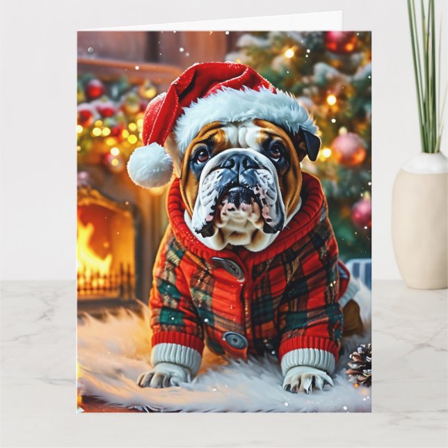 Festive English Bulldog med tomten Hat Kort (Framsida)