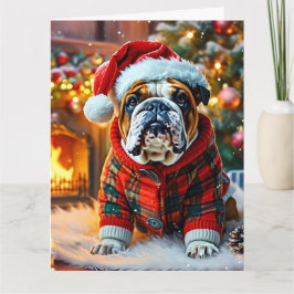 Festive English Bulldog med tomten Hat Kort